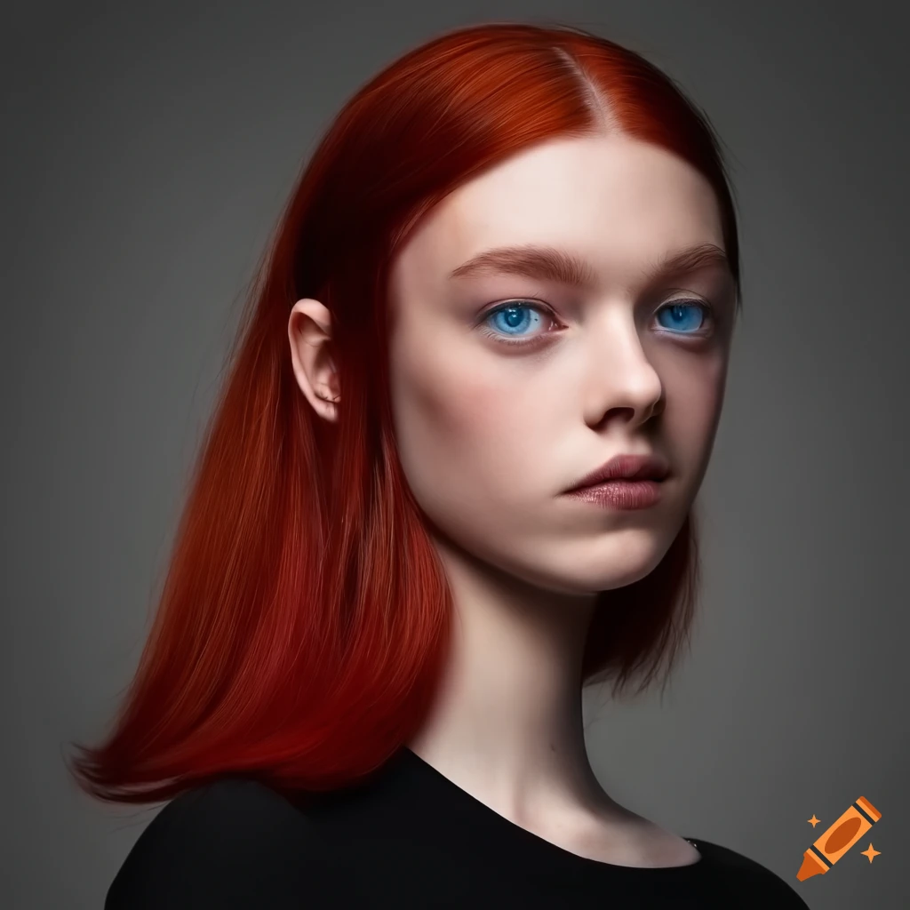 Portrait of a young woman with short dark red hair and blue eyes on Craiyon