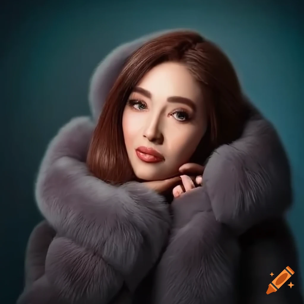Playful cute lady snuggled in a plush and fluffy mock fur coat on Craiyon