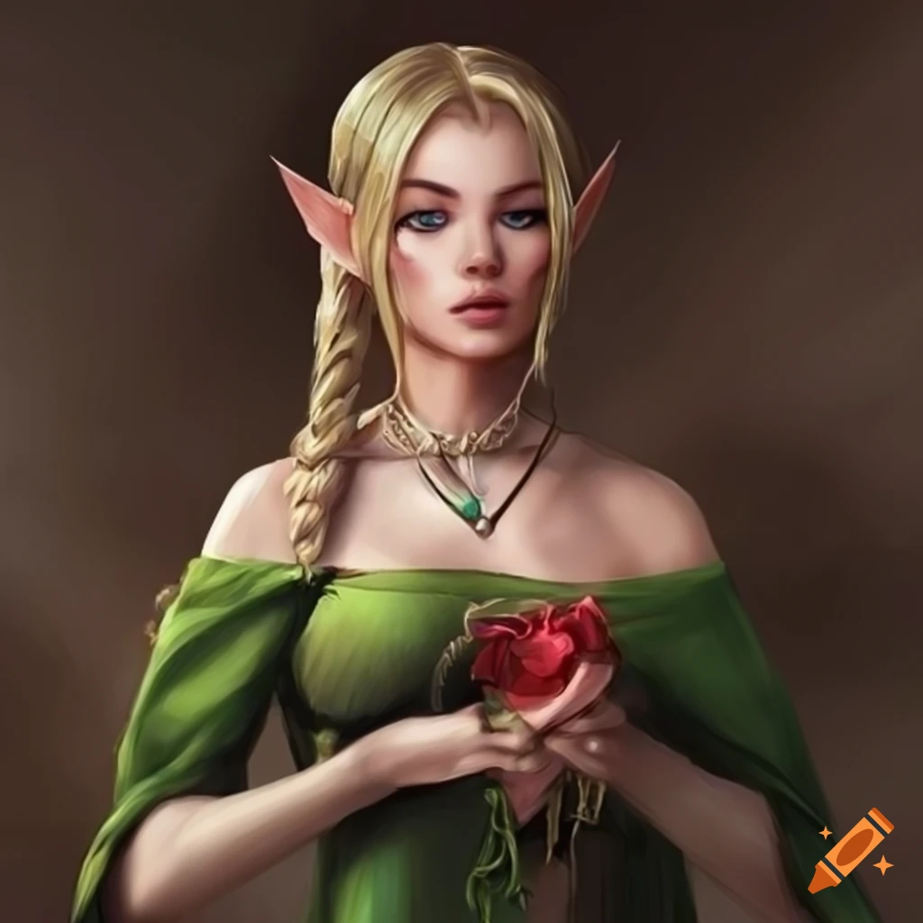 Blonde braided hair fantasy elf in a chiton holding a rose