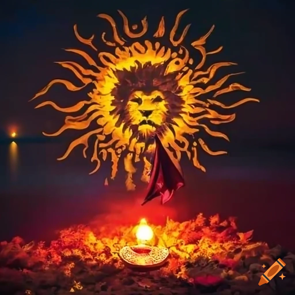 Yalda night celebration near a lake during golden autumn with the Lion Sun flag of Iran