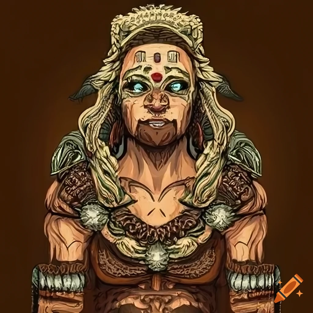 Realistic portrait of a green-skinned human barbarian with ornate bear carvings on a totem pole