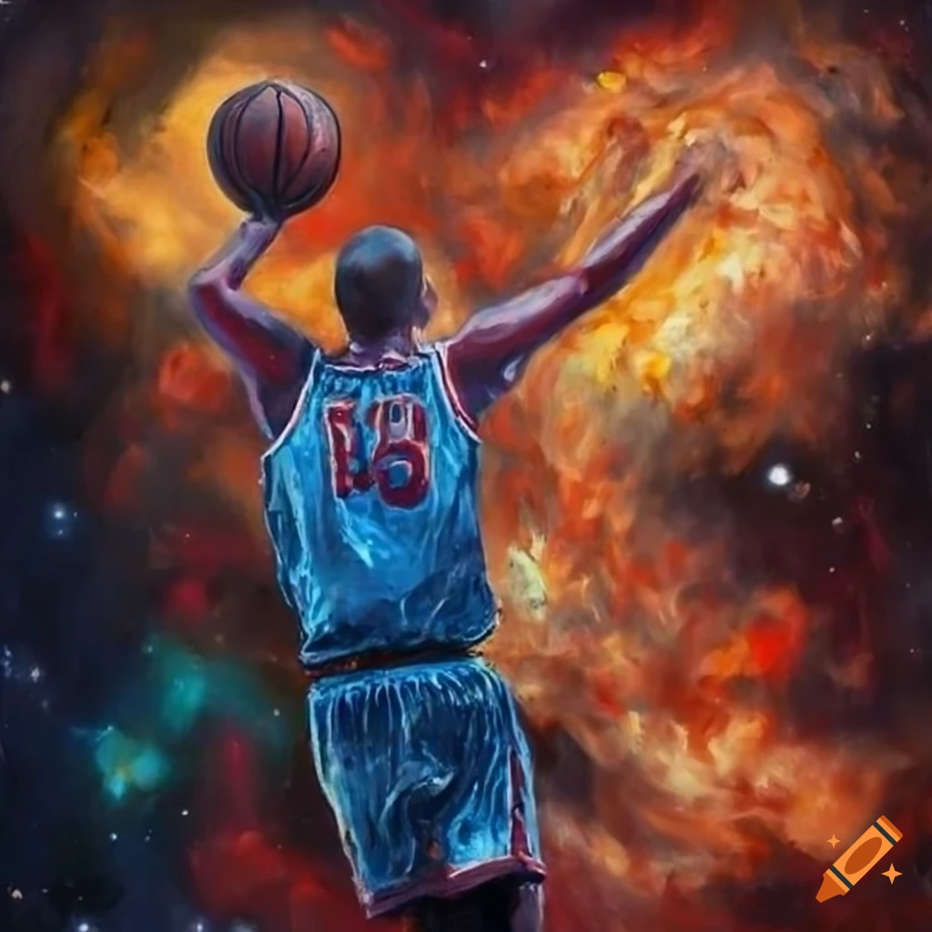 Professional basketball player dunking with nebula explosion background in oil painting