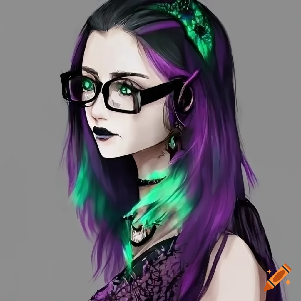 Gothic owl woman with black glasses and emerald/purple feathers in her hair