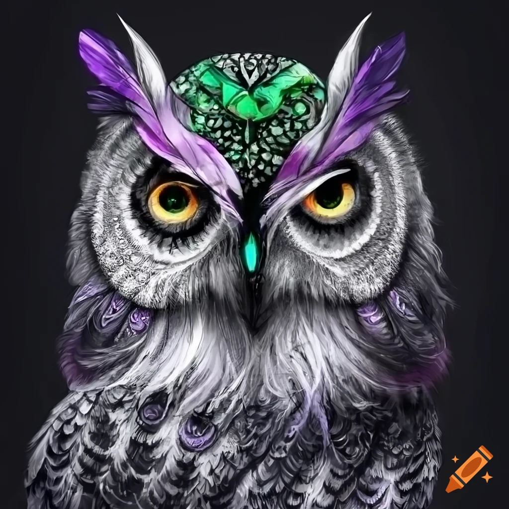 Gothic owl woman with black glasses and emerald/purple feathers in her hair