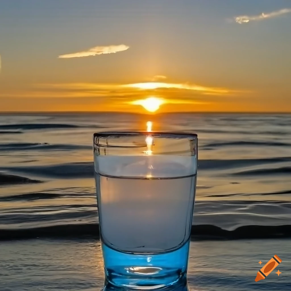 Sunrise reflected in a glass of water in high definition