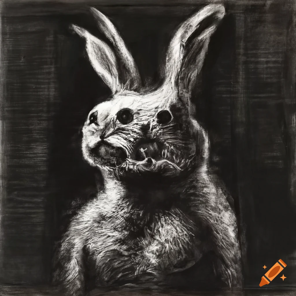 Black charcoal drawing of a rabbit monster in the style of William Kentridge