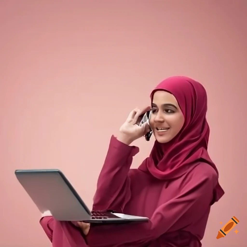 Muslim woman using laptop and talking on phone with Al-lateef in the background