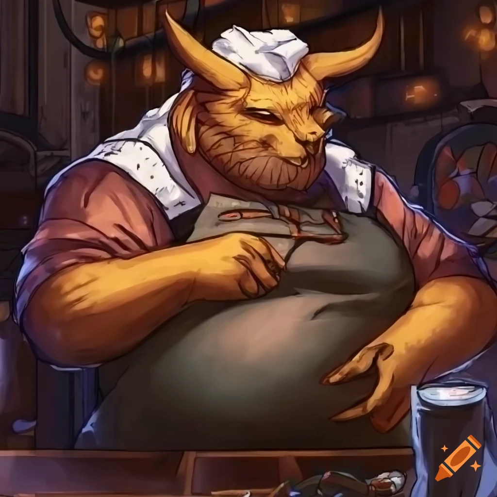 Friendly male dragonborn chef serving customers in a fantasy tavern