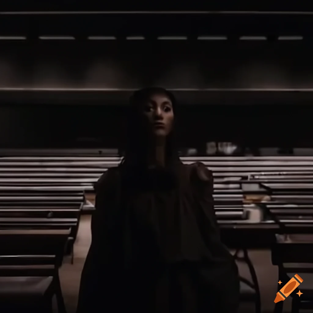 Dark and empty school cafeteria in camcorder footage