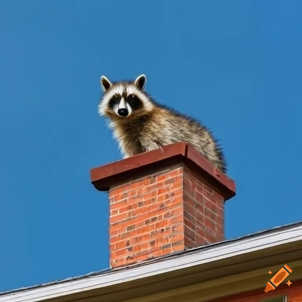 Happy raccoon popping out of a modern chimney on a sunny day