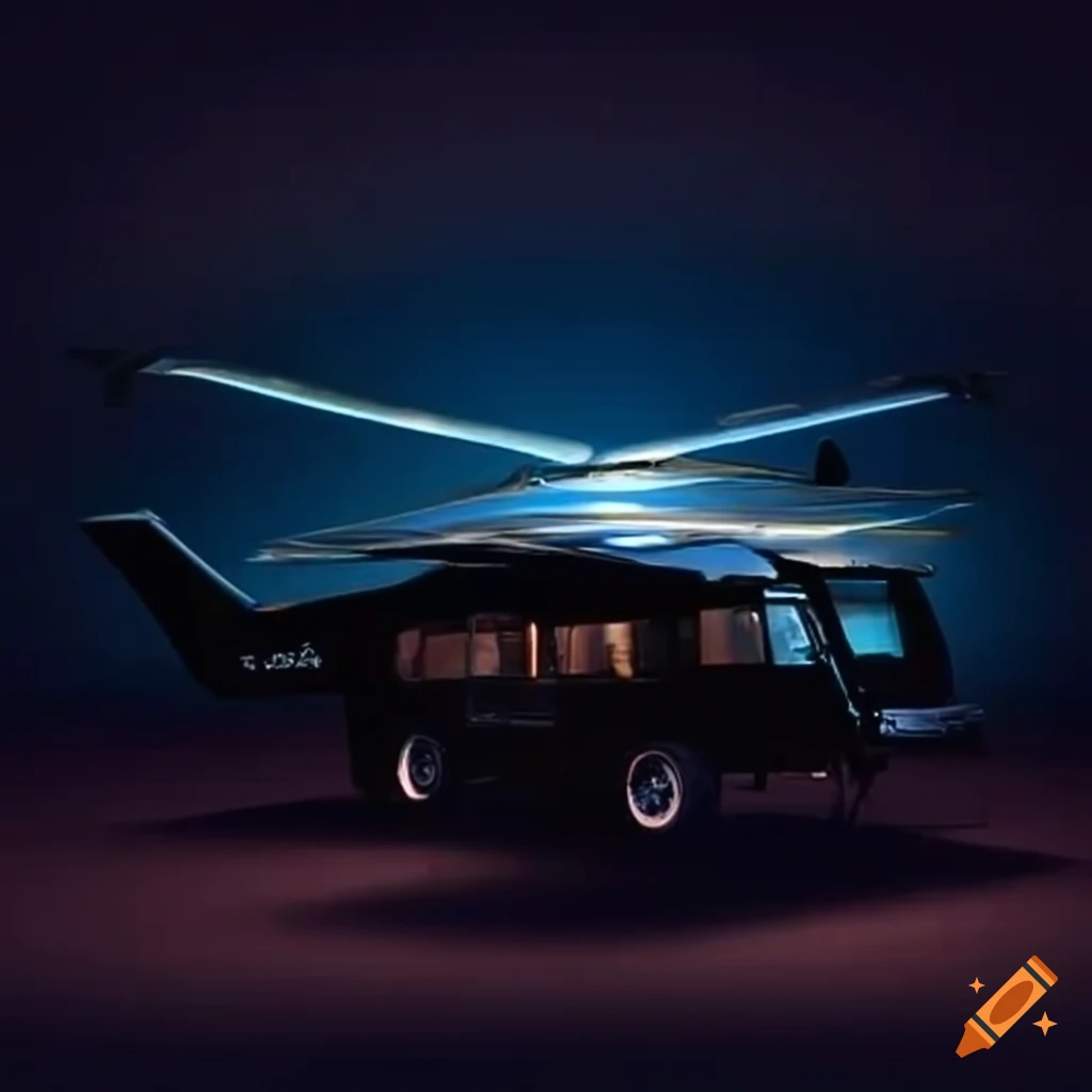 Big black flying campervan at night