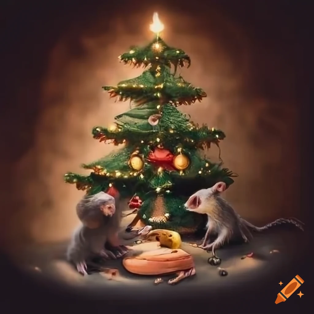 Whimsical vintage scene of mouse family with a Christmas tree