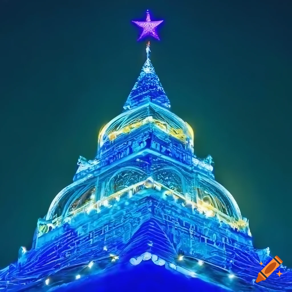 White christmas tree with glowing green and yellow lights and a neon