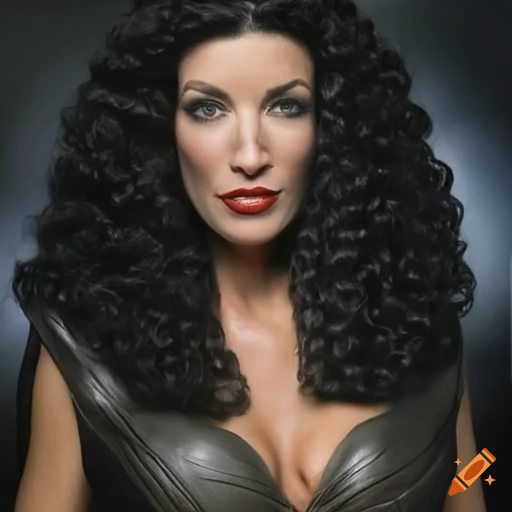 Actress Kathy Hochul as Cleopatra in black leather with long curly black hair