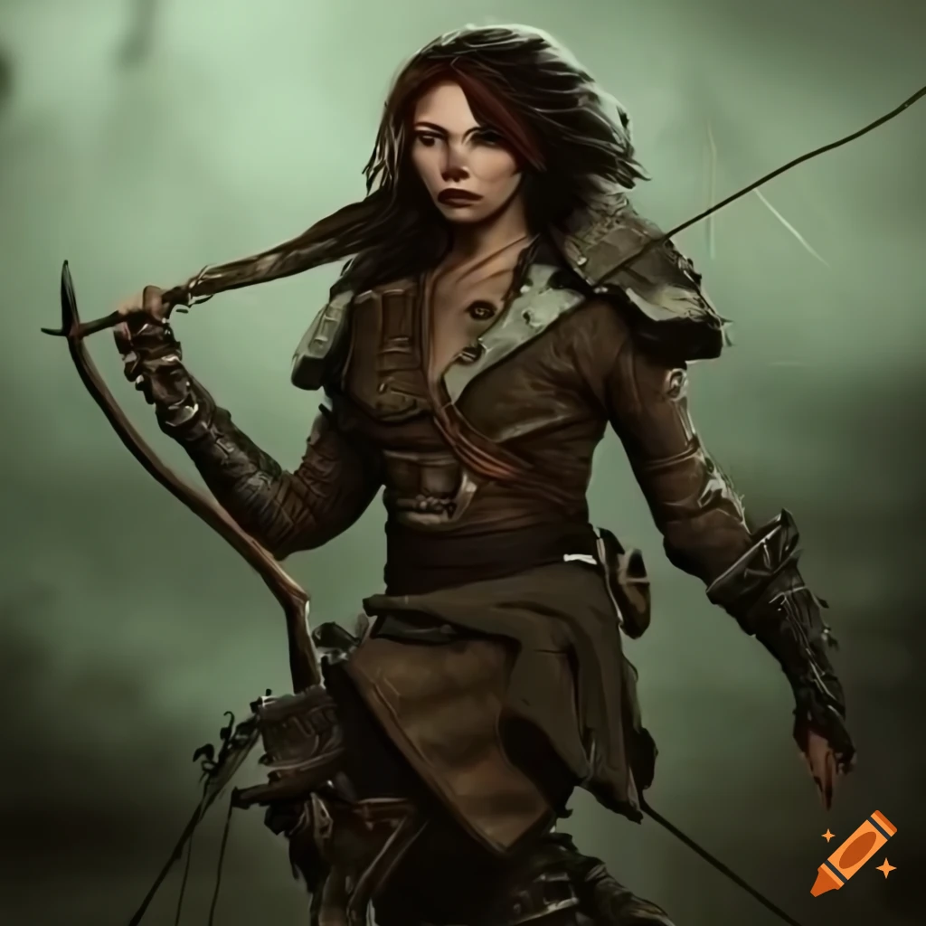 Determined warrior katniss everdeen with bow and arrows in post ...