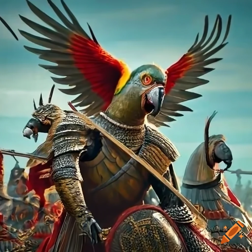 Parrot battling a winged hussar army in a dramatic scene