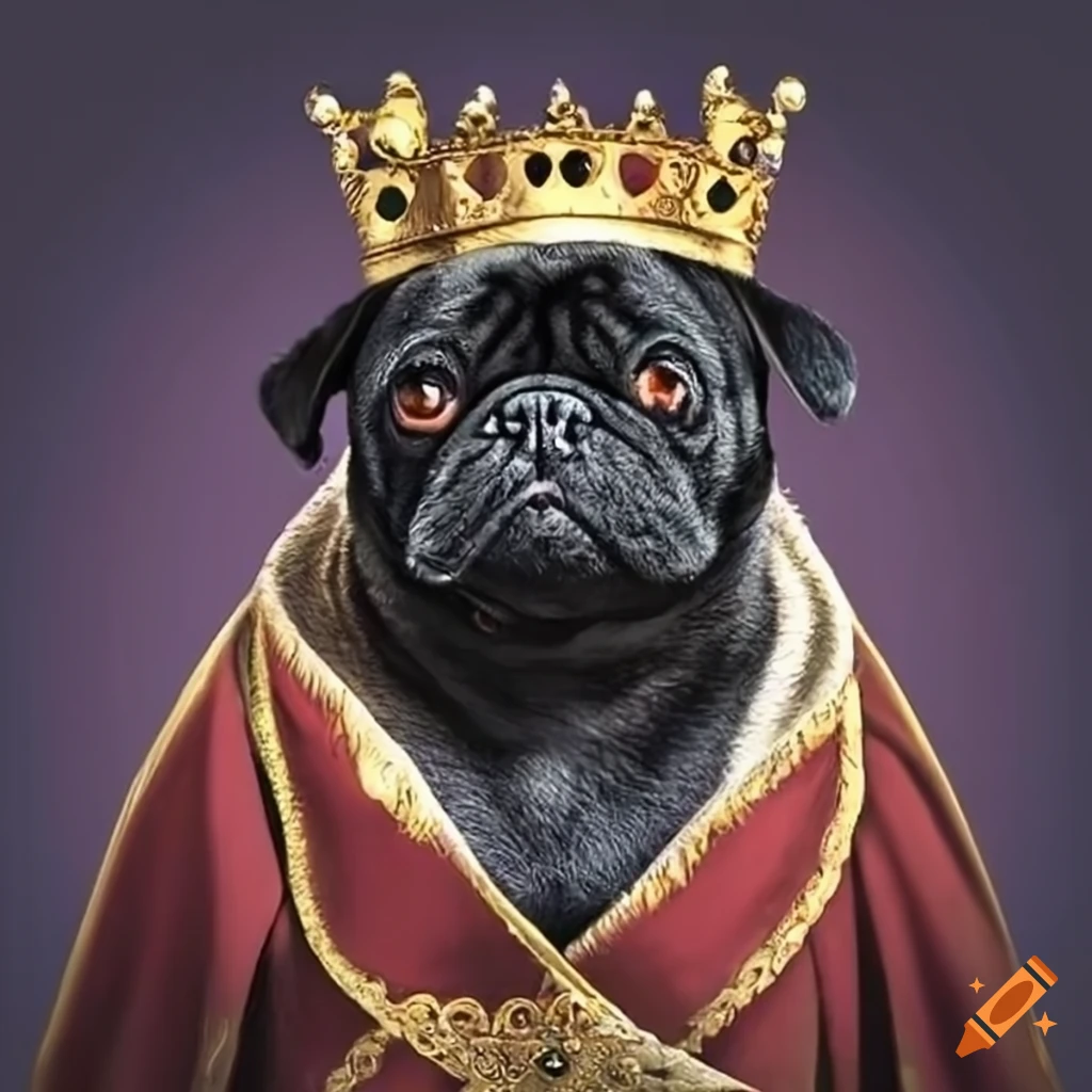 Black pug with a human body wearing a king's robe
