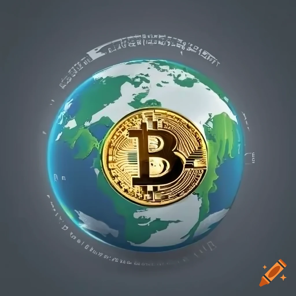 Bitcoin superimposed on a world map with continents and oceans