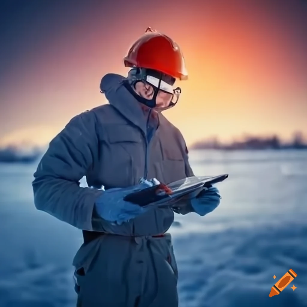 Oilfield worker with hard hat and safety glasses on rig in winter on Craiyon