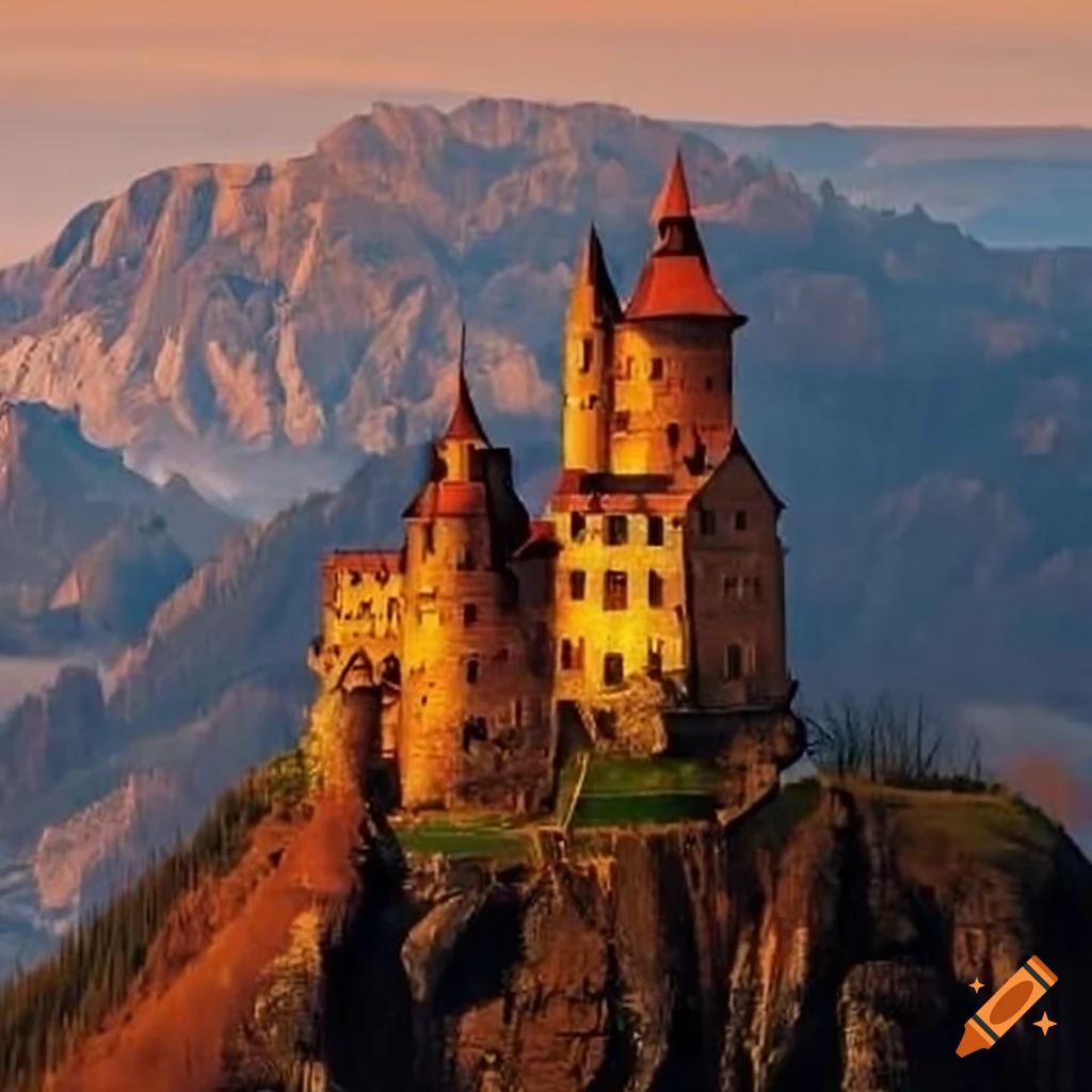 Tall sinister castle atop a mountain on Craiyon