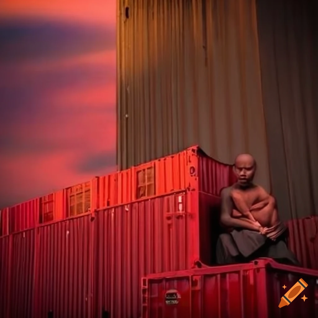 Zen monk meditating on red container amidst vibrant collection of metal shipping containers