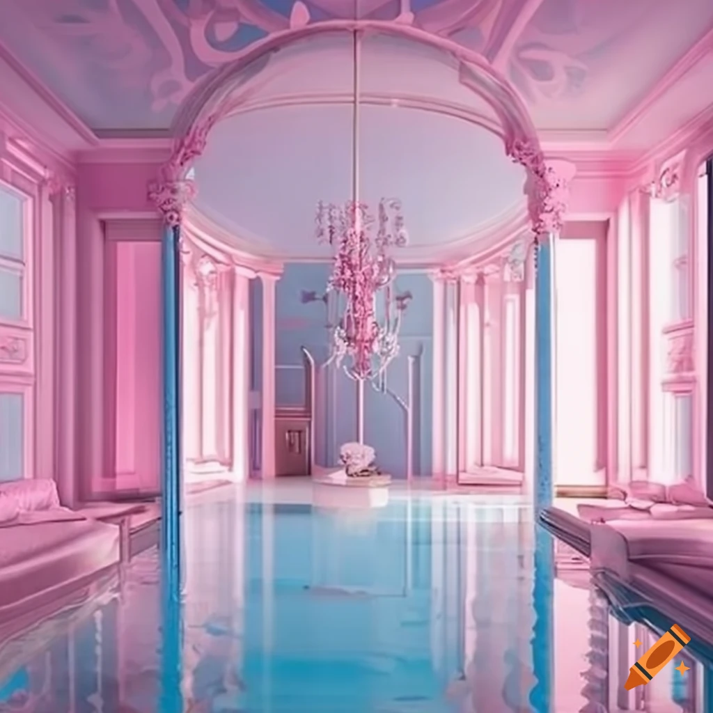 Luxurious pastel pink and blue mansion with high ceiling