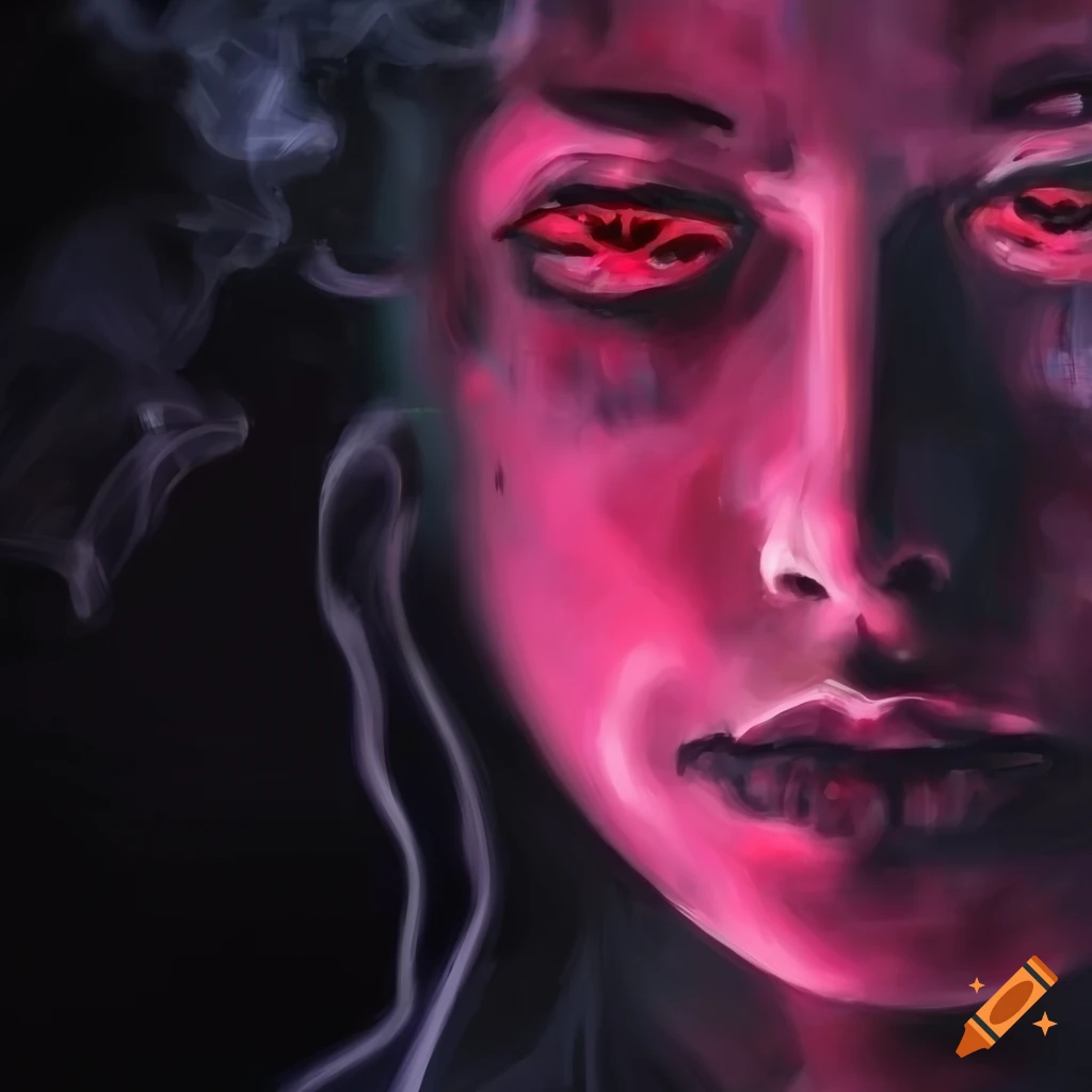 Semi-abstract painting of a young woman with glowing pink eyes in a dark, stormy atmosphere
