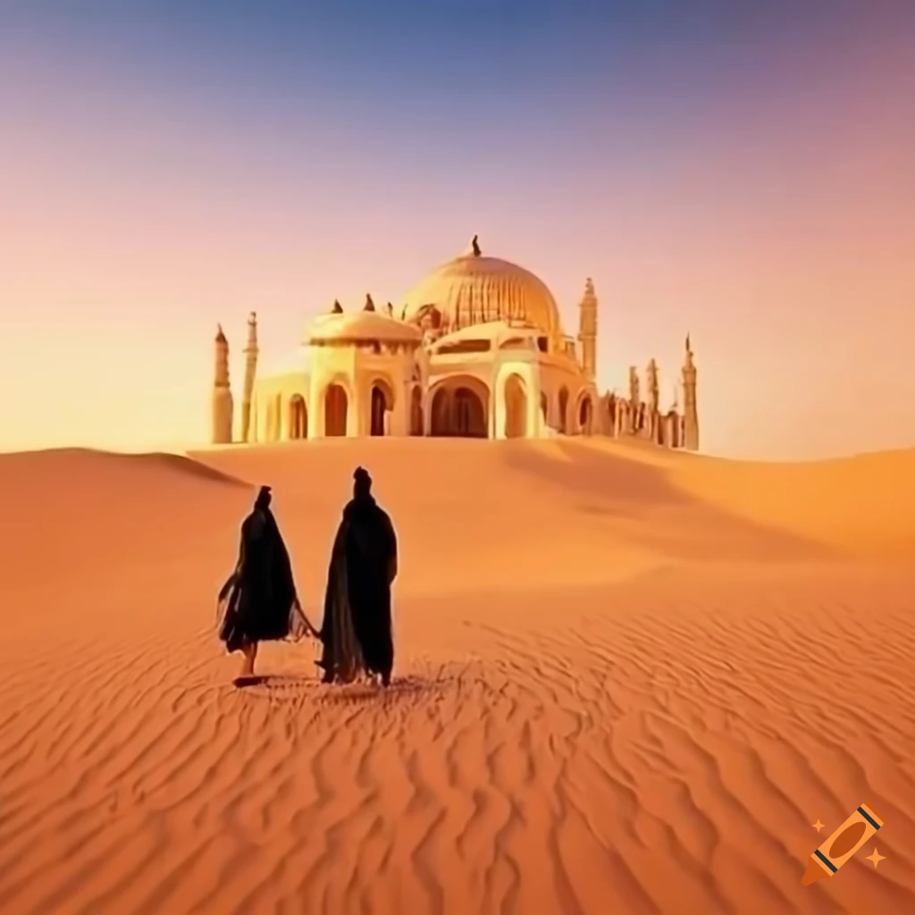 Sheikh Nazim and student finding peace in a desert palace at sunset
