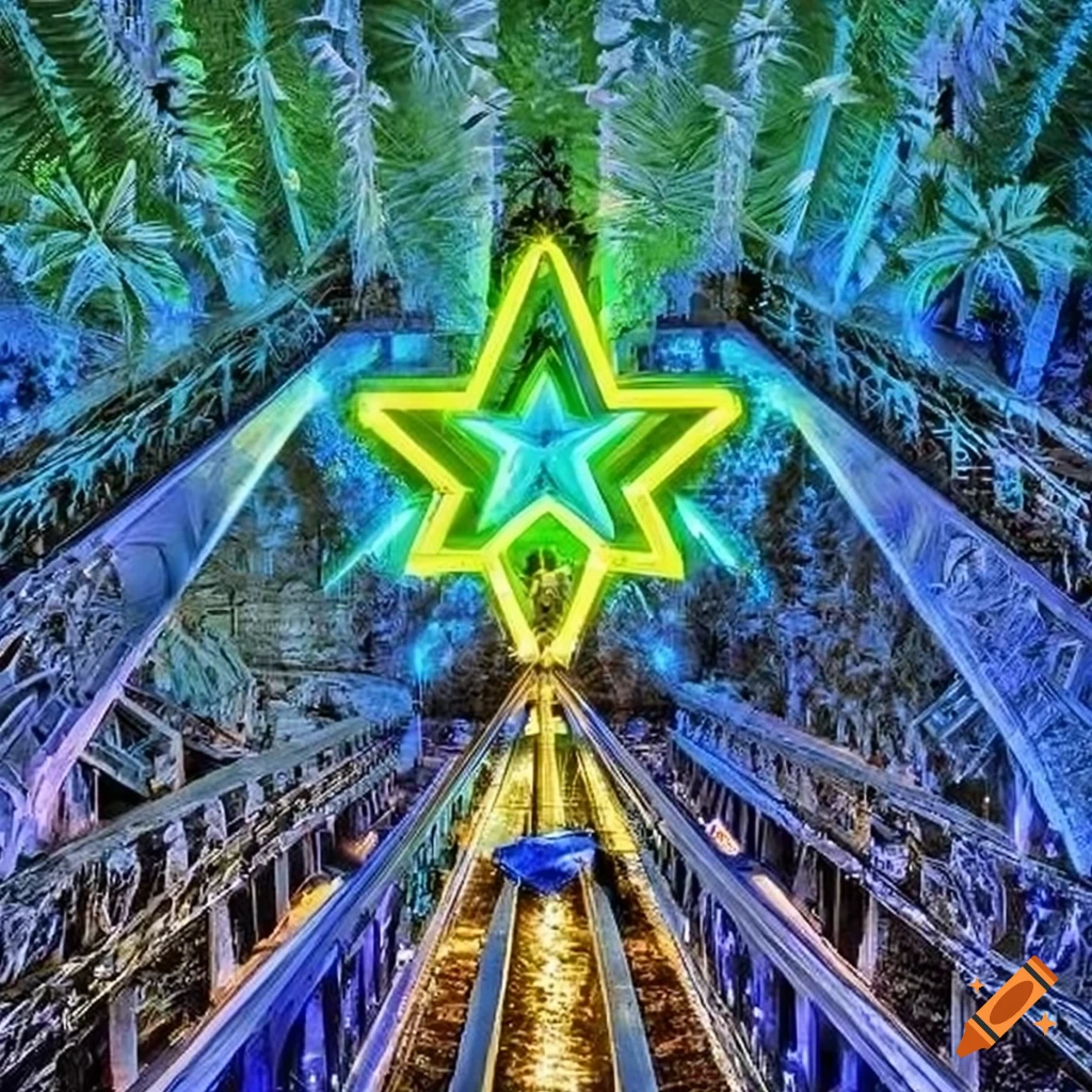 White christmas tree with glowing green and yellow lights and a neon