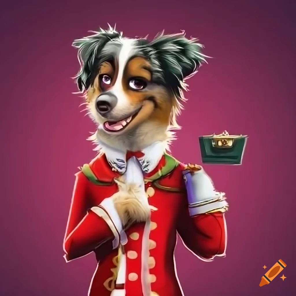 Male anthro Australian Shepherd in red Bellhop Uniform in Zootopia style