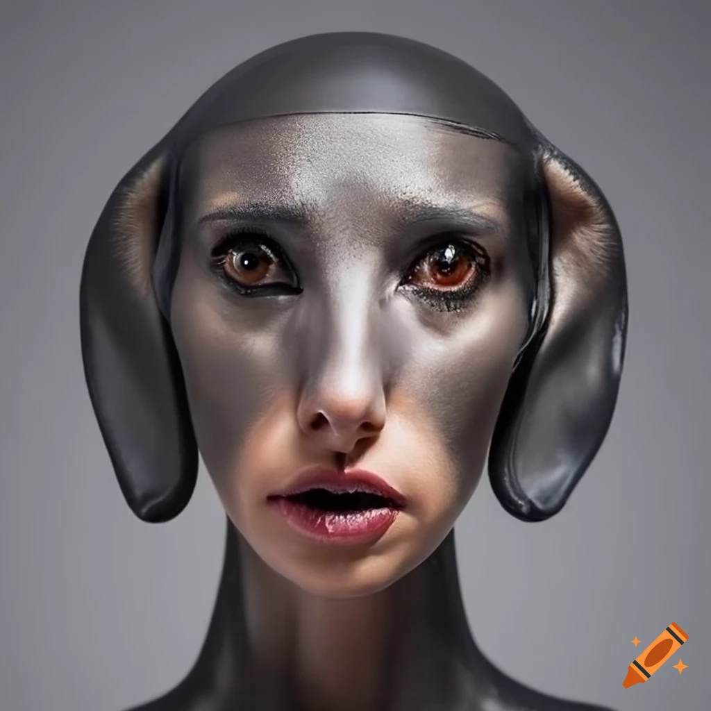 Natalie portman with a dachshund head in dark grey transparent latex on ...