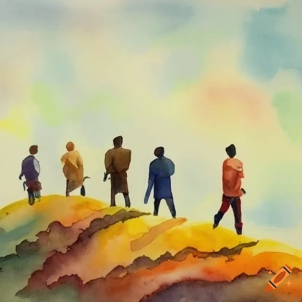Group of men standing on a colorful hill in a watercolor painting on ...