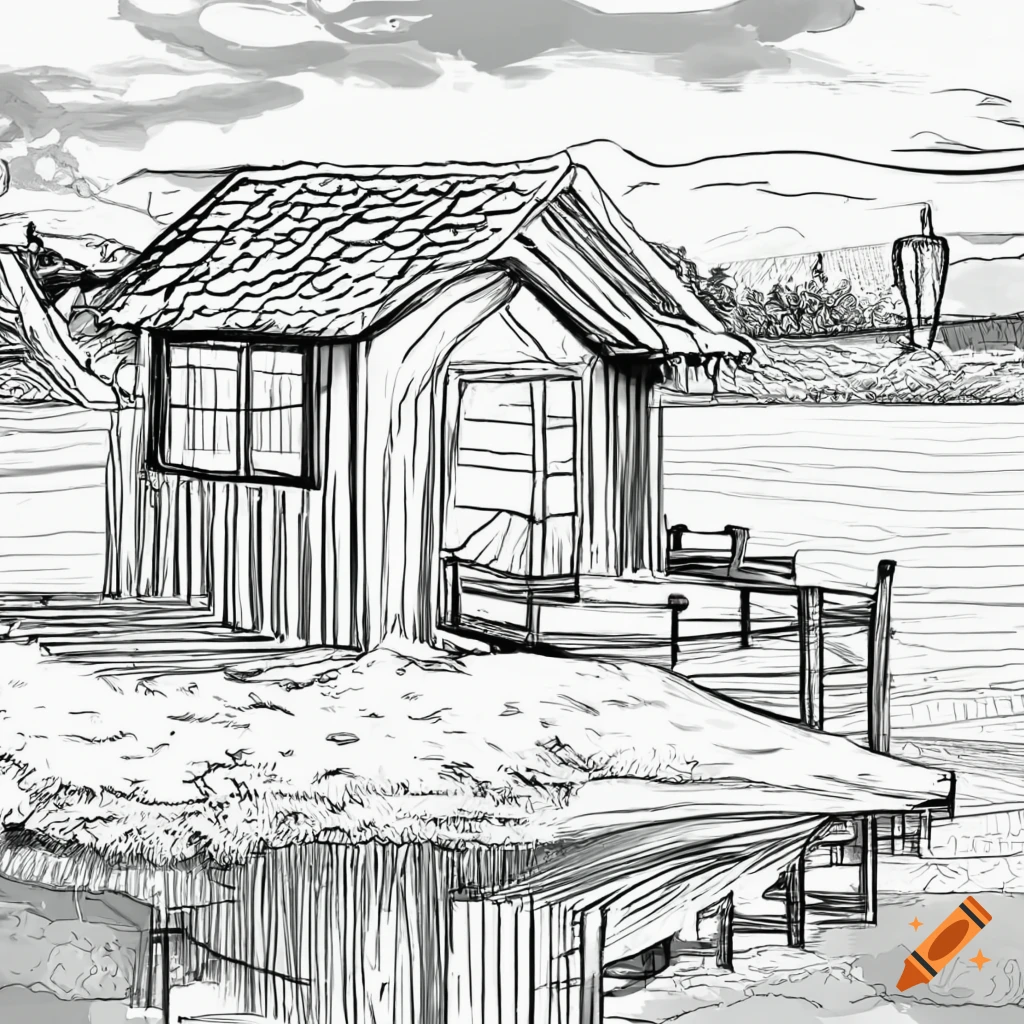 Black and white line art cottage by the waterfront