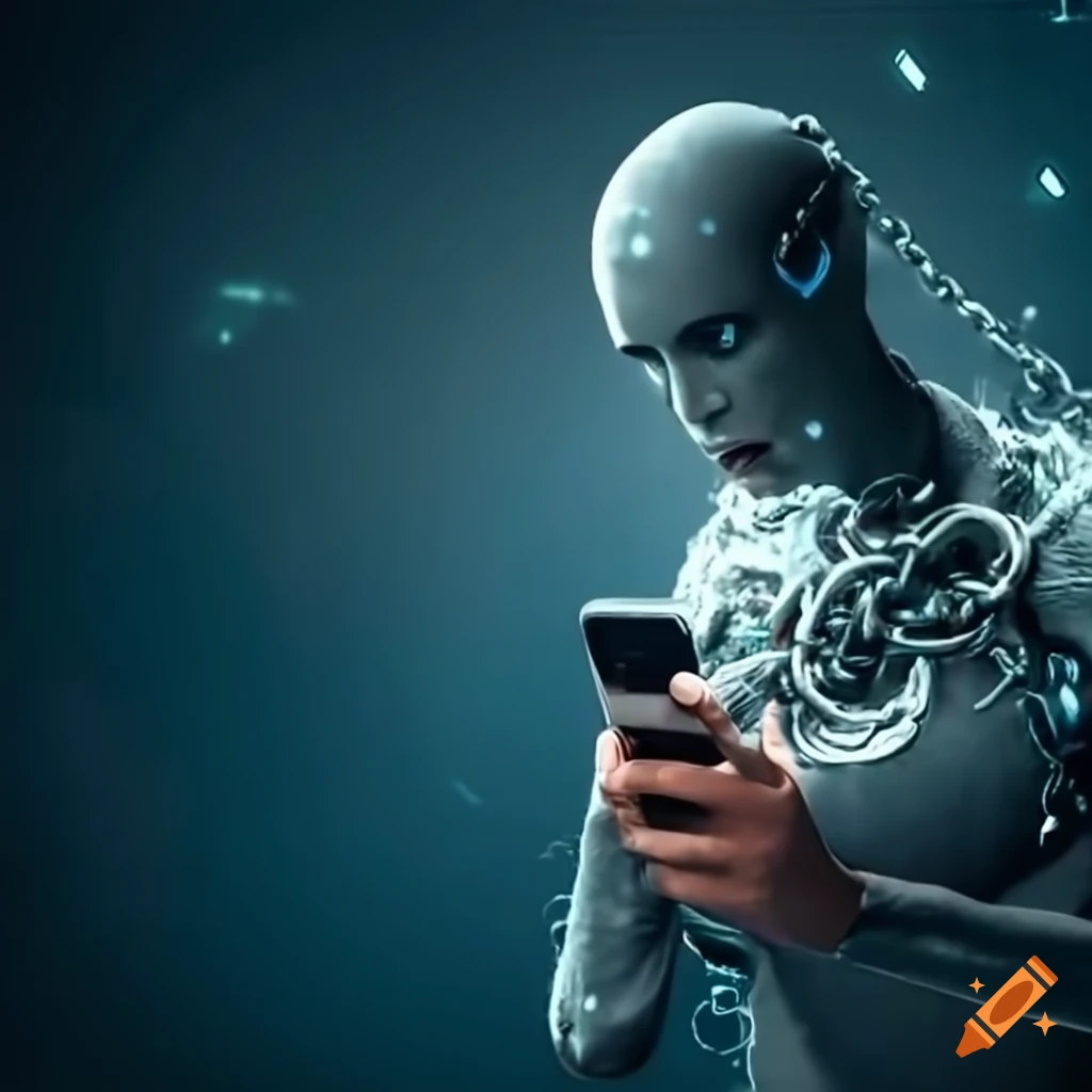 Conceptual image of man trapped by phone and chains, depicting issue of ...