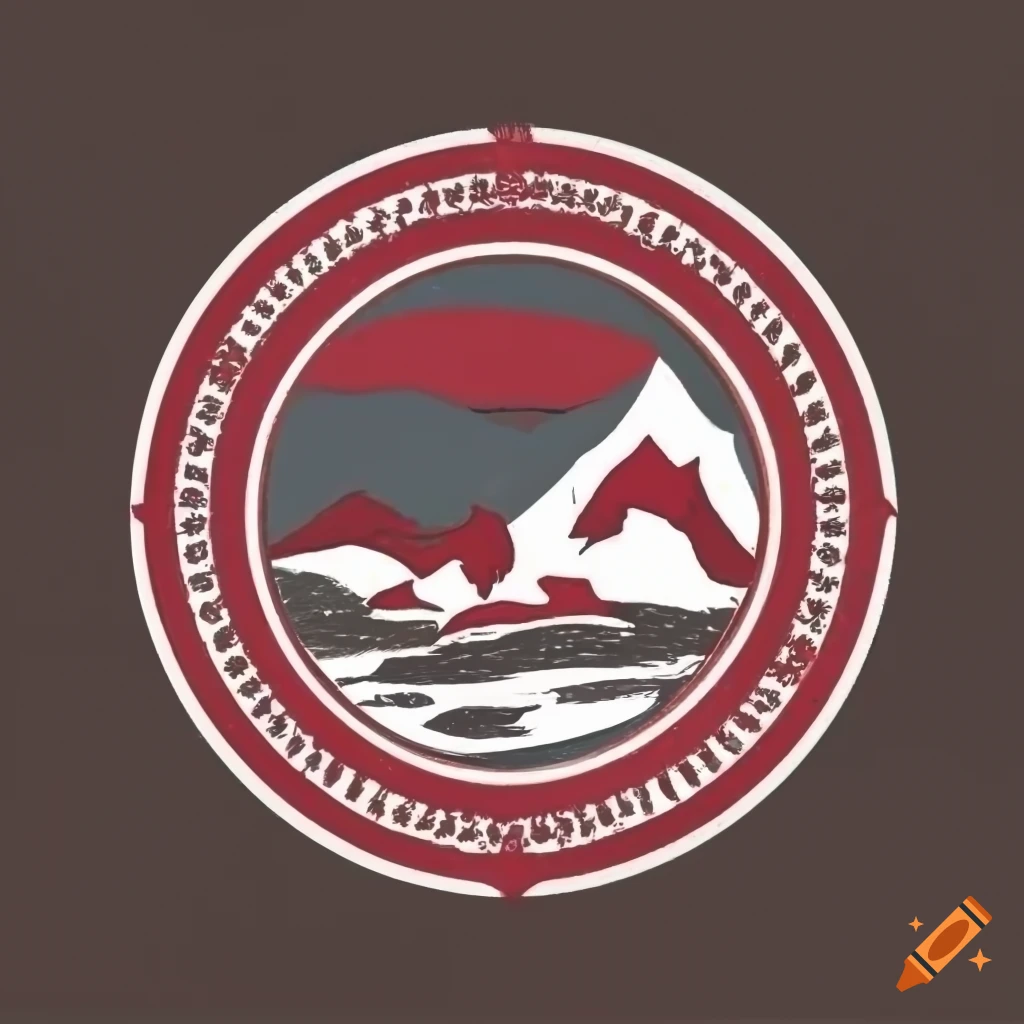 University emblem/logo inspired by mountain landscape, river, hiking trail, and lychee trees in red and white