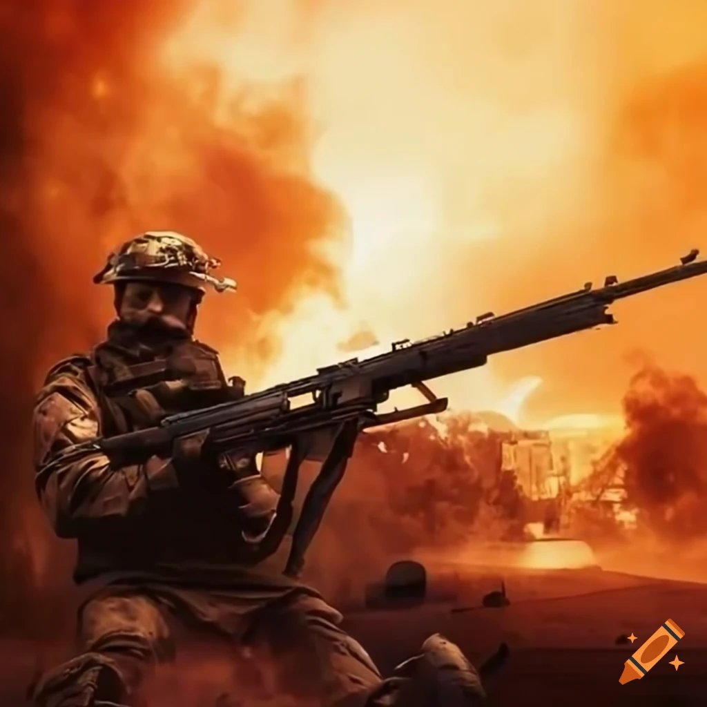 Close-up of a dramatic battlefield with weapons and smoke