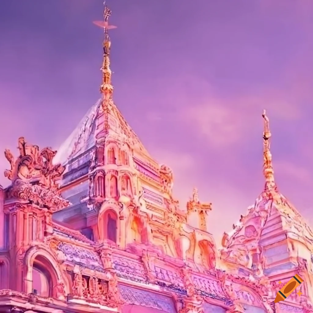 Rococo glass facade with lovely pink sky