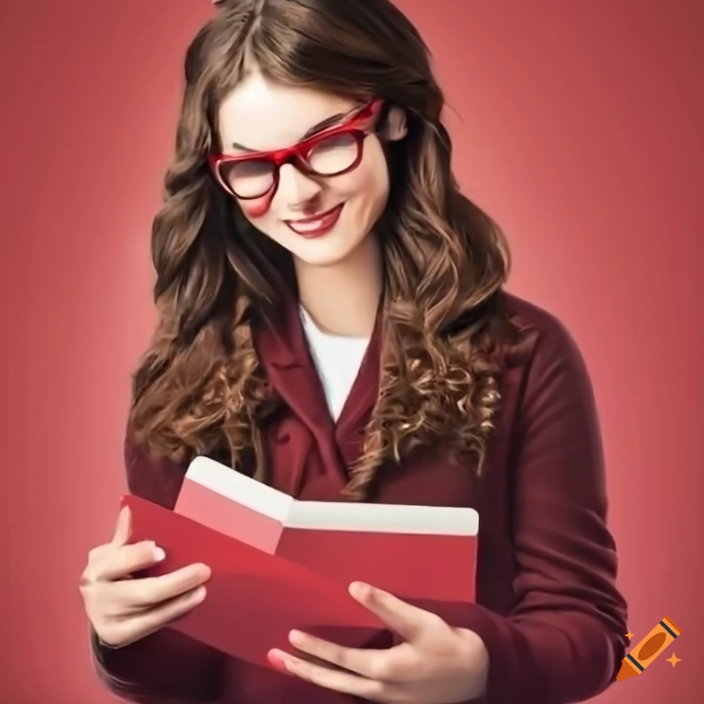 Female journalist with red framed glasses typing and smiling