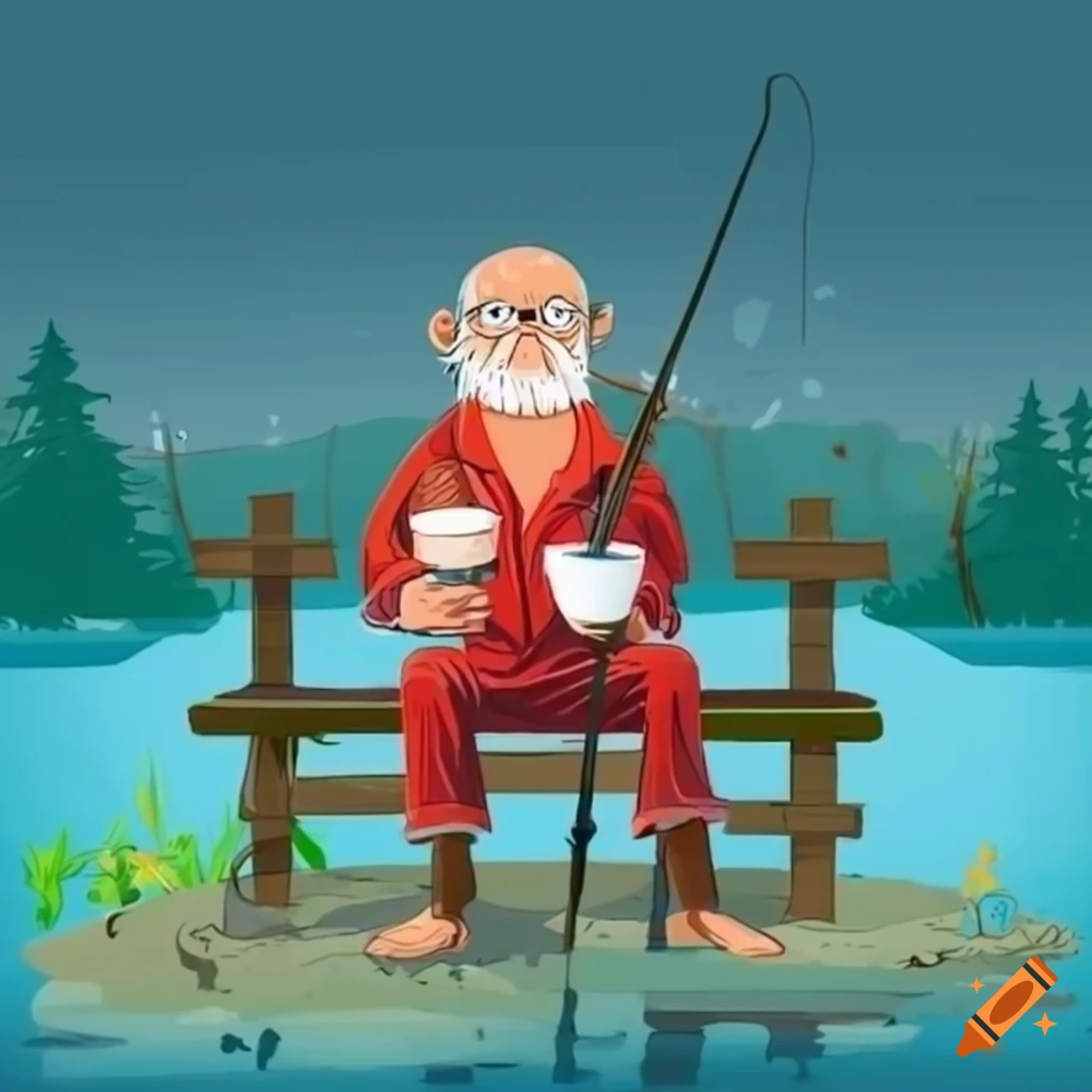 Old man in red pajamas fishing into pond with coffee in hand