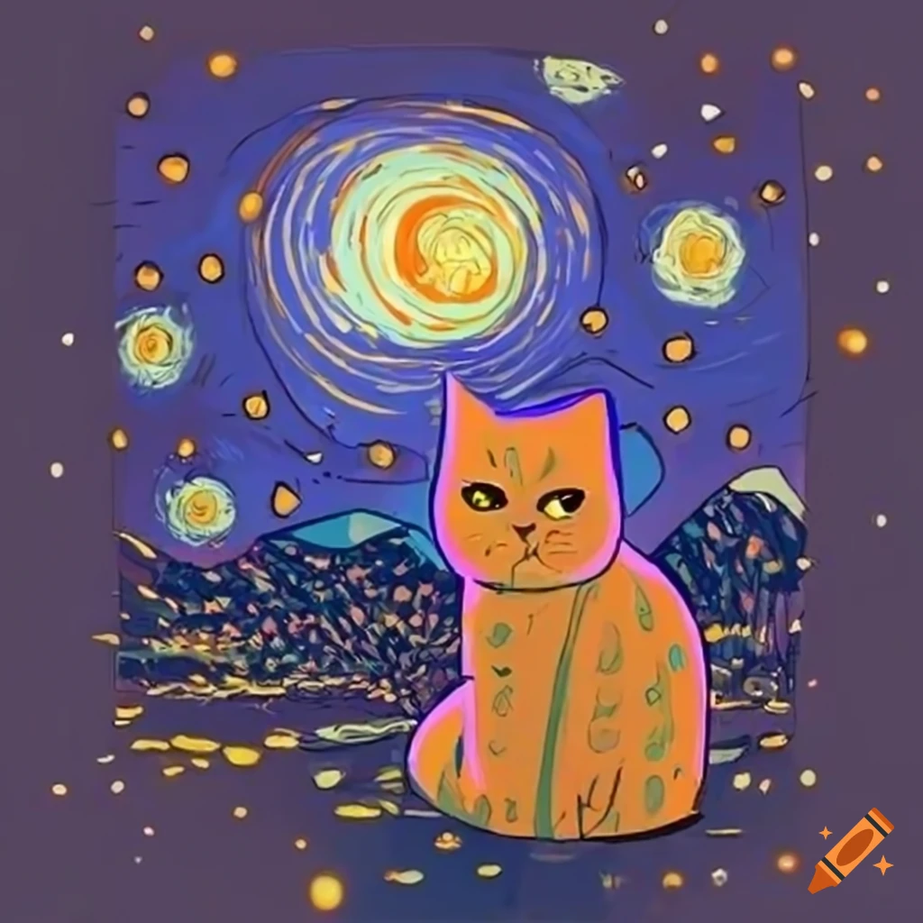 Comic style interpretation of Starry Night with an orange cat