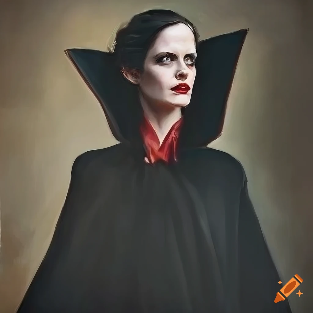 Moody oil painting of a woman in Dracula cape with vintage style