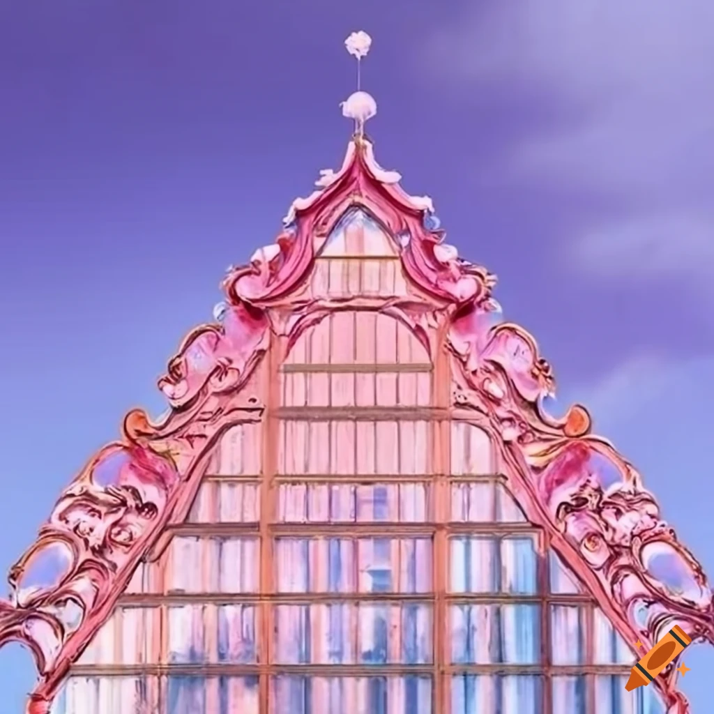 Rococo glass facade against a pink sky in a paradise on Craiyon