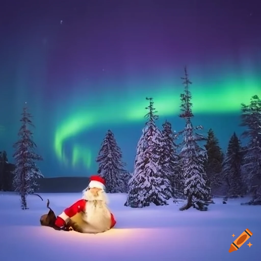 Finnish winter with Santa Claus, reindeer, and northern lights