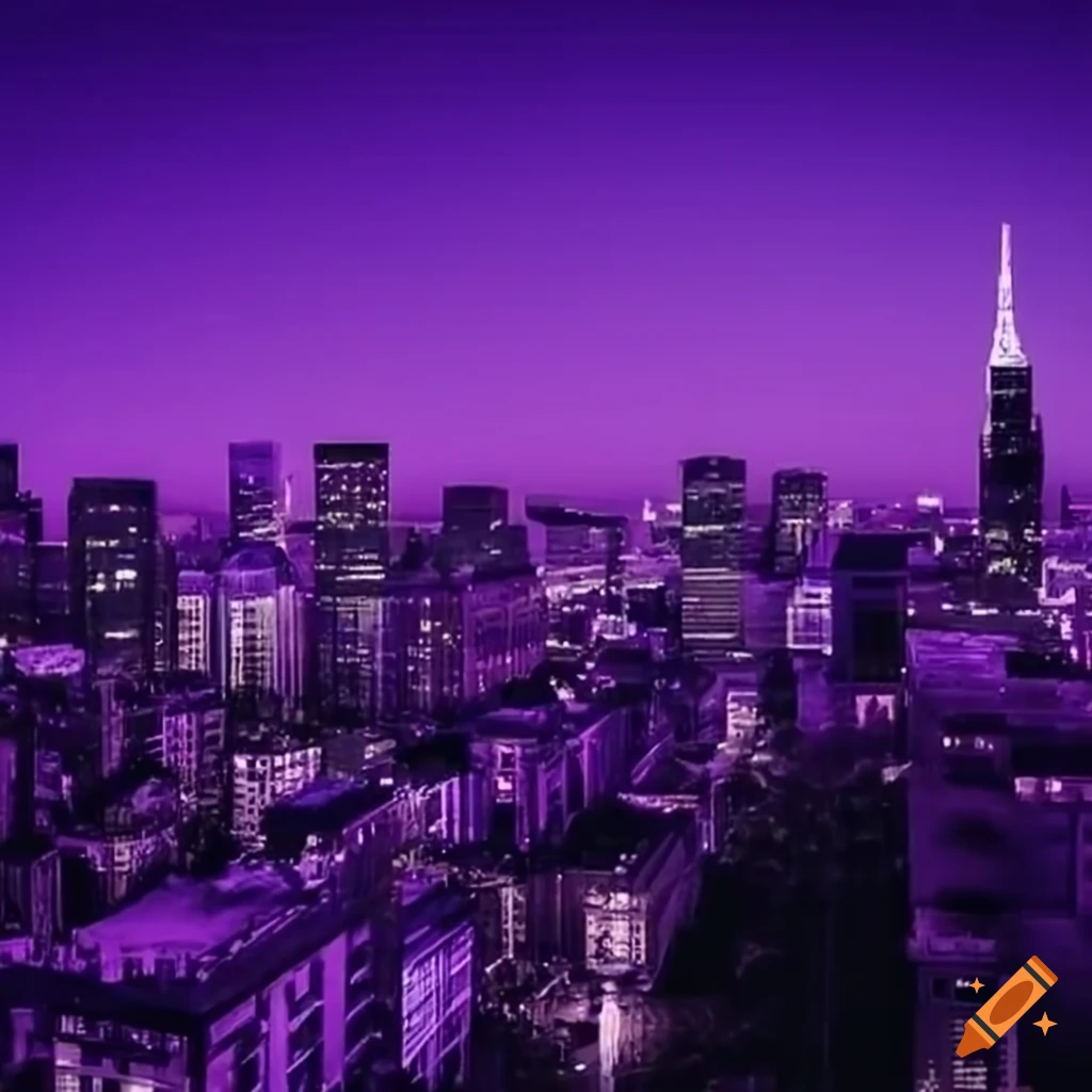 Aerial view of a purple cityscape at night
