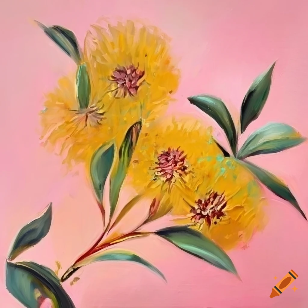 Oil painting of yellow australian flowers on a pink background on Craiyon