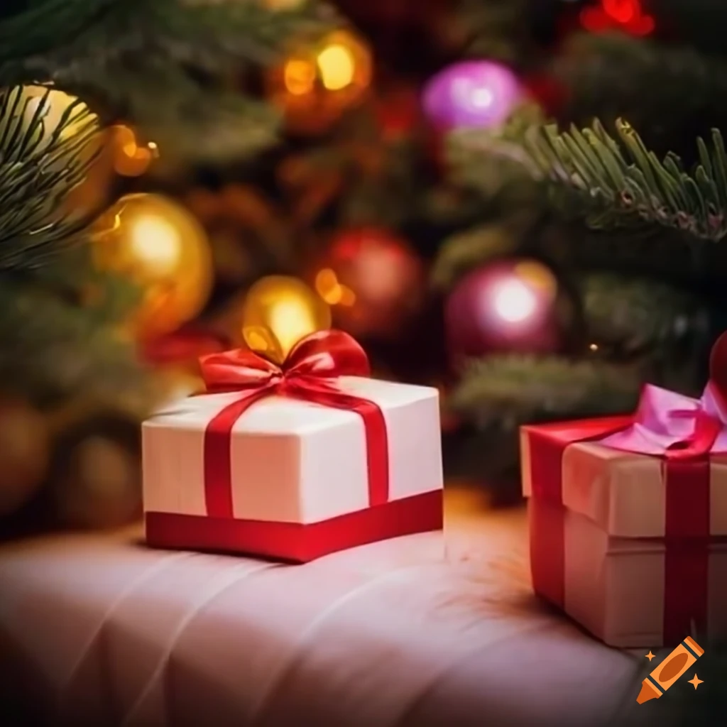 Close-up of gifts under a Christmas tree with bokeh effect