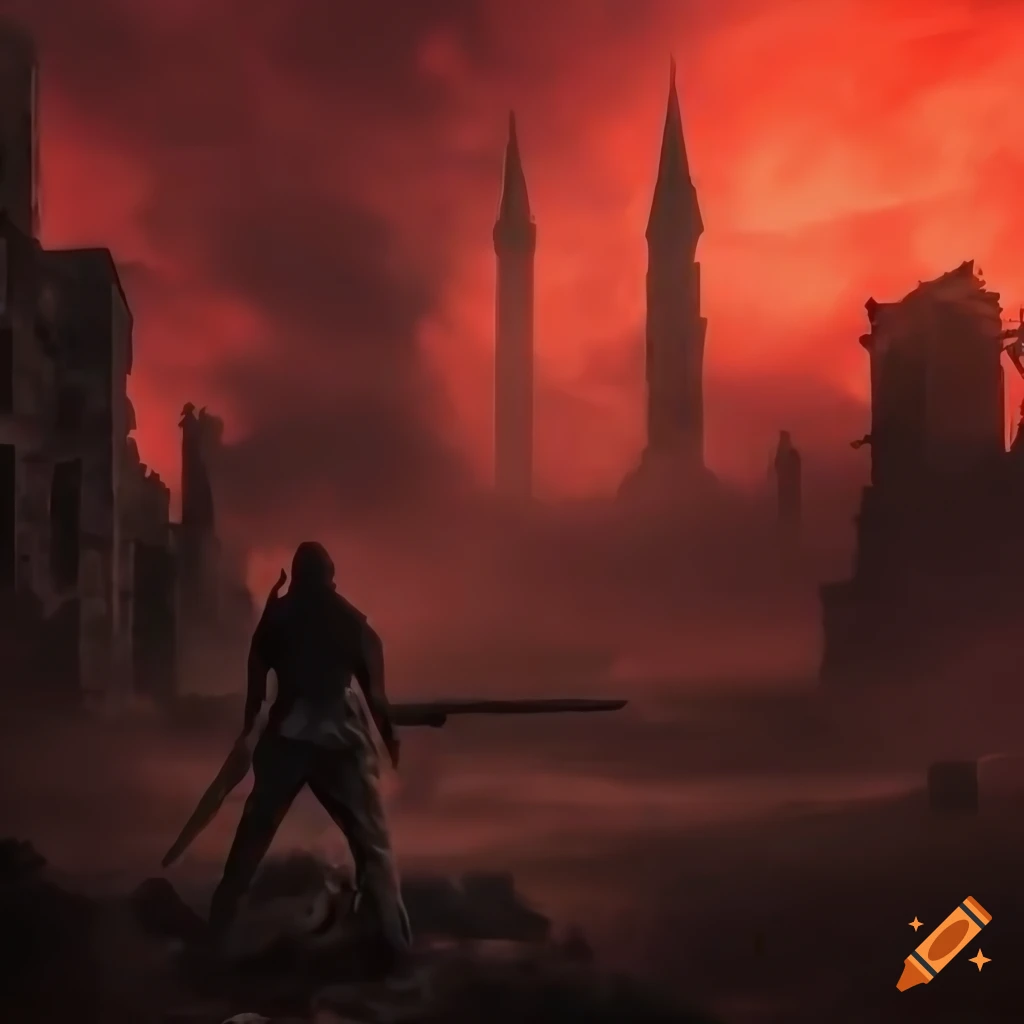 Man with broadsword in ruined city under a blood red sky