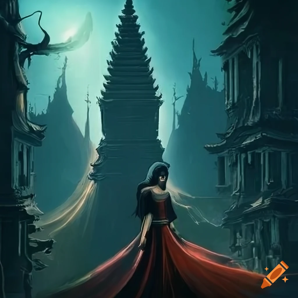 Person in evening gown gathering leaves at dusk near a temple