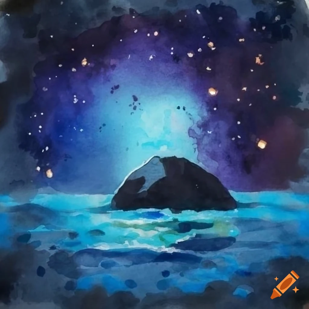 Watercolor drawing of a rock in the ocean at night with lantern lights reflecting in the sky