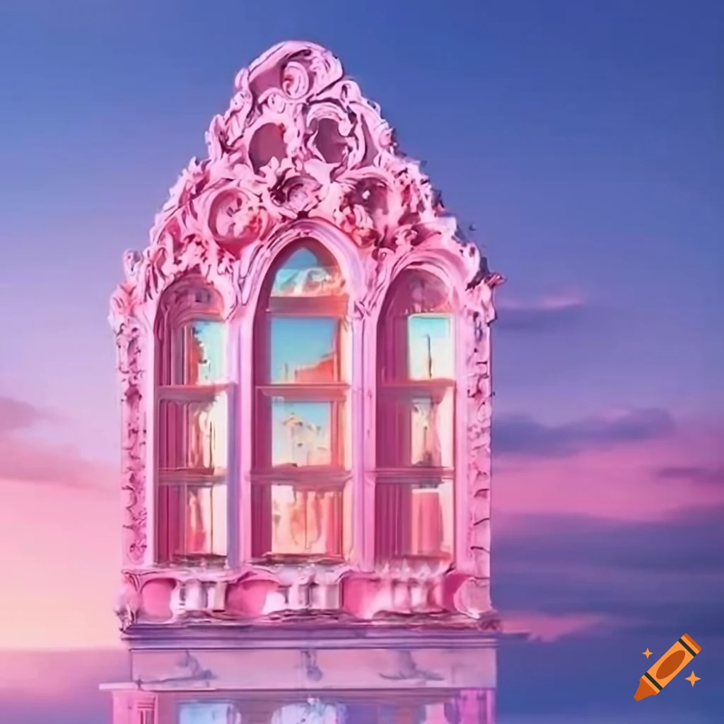 Rococo glass facade against a pink sky in a paradise